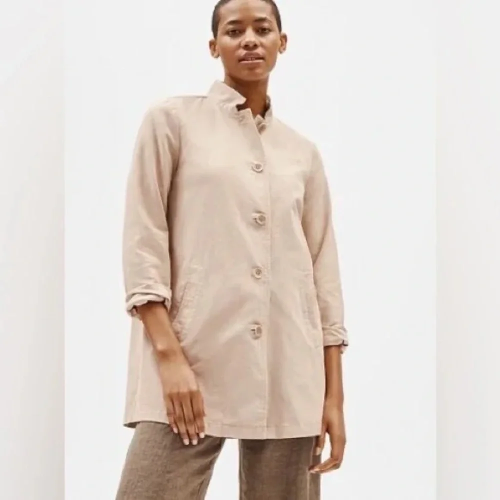 Eileen Fisher Khaki Organic Cotton Hemp Stretch Stand Jacket